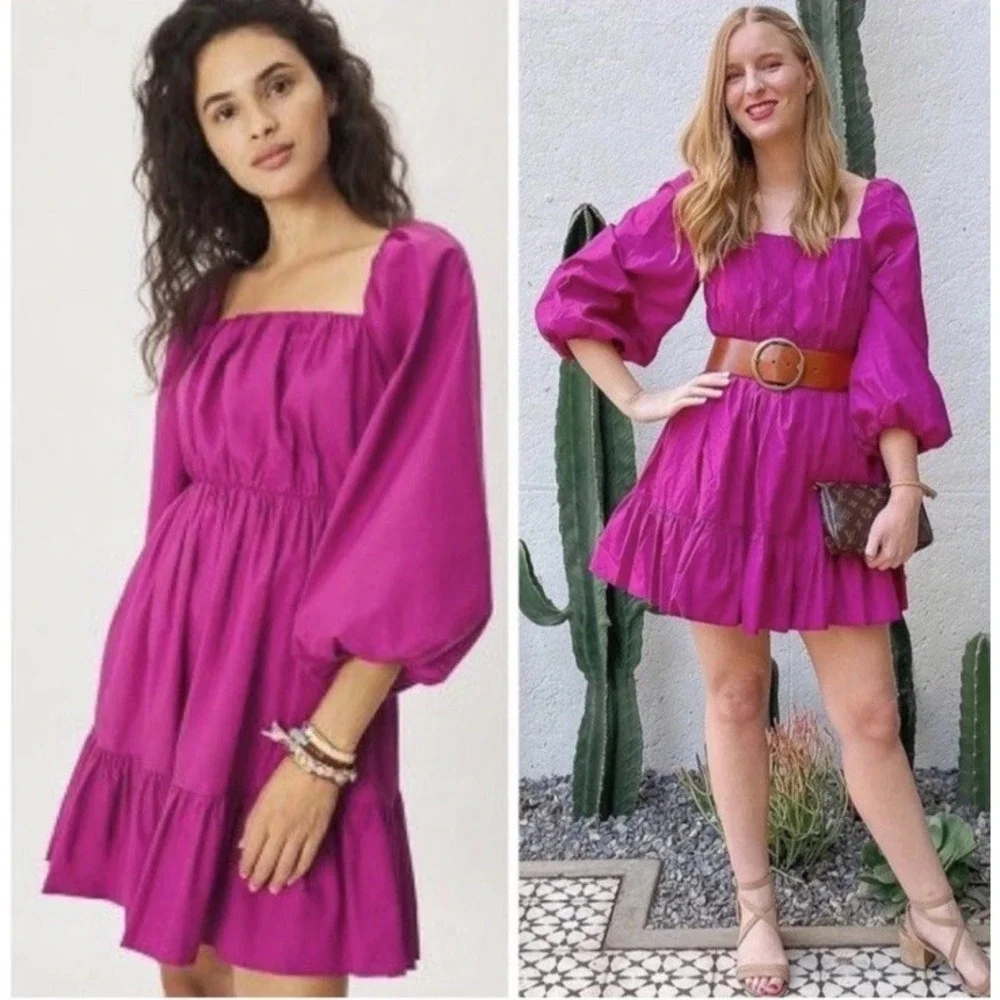 Anthropologie x Mare Mare‎ Mini Dress Sz M Purple Pink Puff Ballon Sleeve Casual